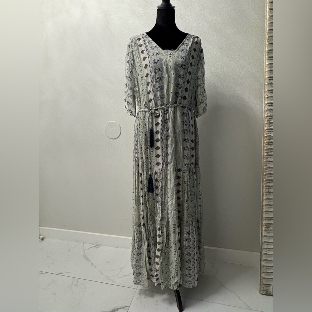 ZARA Woman Boho Printed Metallic THread Dress Oversized Size M